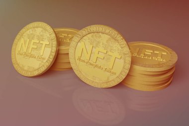 Several NFT coins. Non fungible token. On a reflective surface