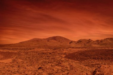 Mars Gezegeni 'nin çöl manzarasından uzak Mars Dağları. Mars 'a benzer bir manzara resmi