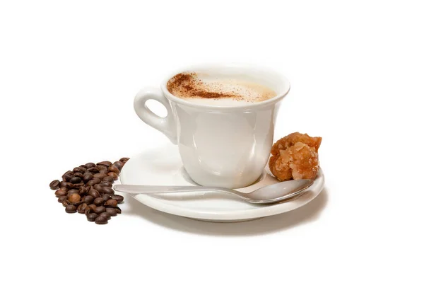 Cup Coffee Milk Cinnamon Sweet Accompany Roasted Coffee Beans — Zdjęcie stockowe