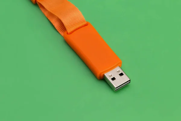 Usb Memory Stick Orange Flash Drive Green Background Viewed Close — Fotografia de Stock