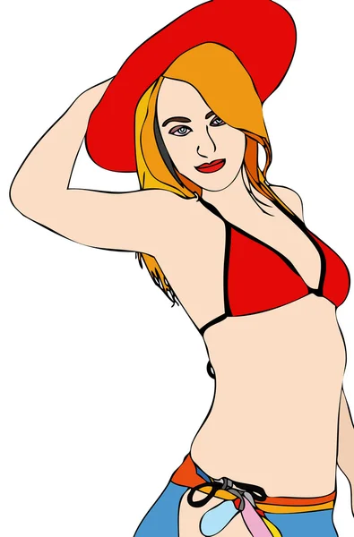 Donna in costume da bagno con cappello rosso — Foto Stock