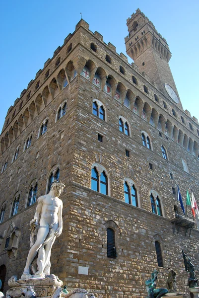 Palazzo della Signoria dan patung Neptunus - Florence - Italia — Stok Foto