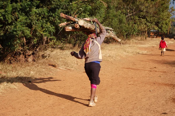 Una mujer cargando leña - Tanzania - África — Foto de Stock