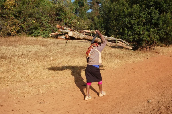 Una donna per strada mentre trasporta legna da ardere - Tanzania - Afric — Foto Stock