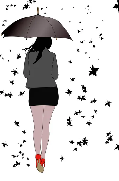 Nő esernyő szél, és a levelek — Stock Vector