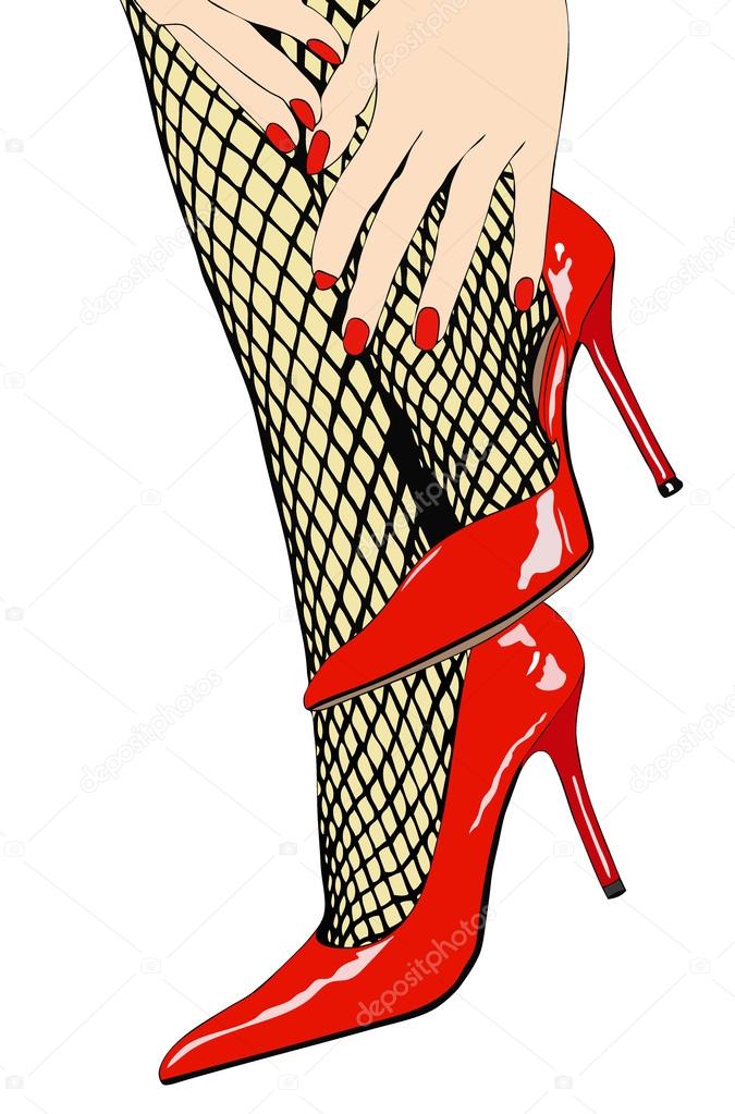 Woman with sensual fishnet stockings and red shoes