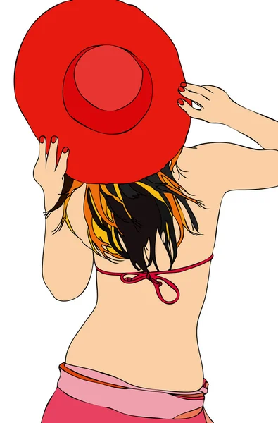 Mujer con sombrero rojo y traje de baño — Archivo Imágenes Vectoriales