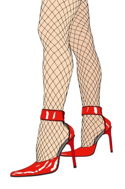 Kırmızı ayakkabılar ve fishnet çorap