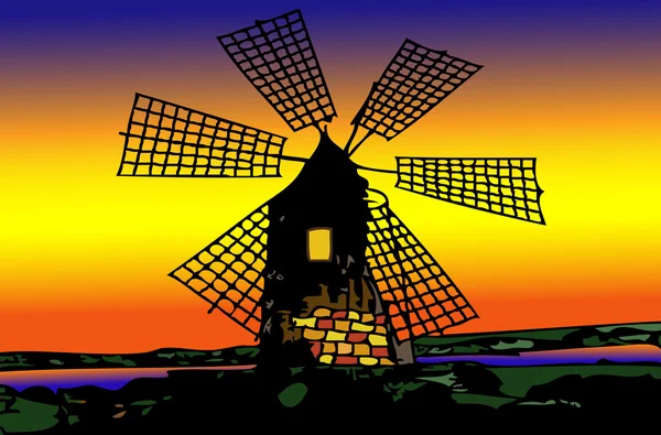 Old mill nederländska vid solnedgången — Stock vektor