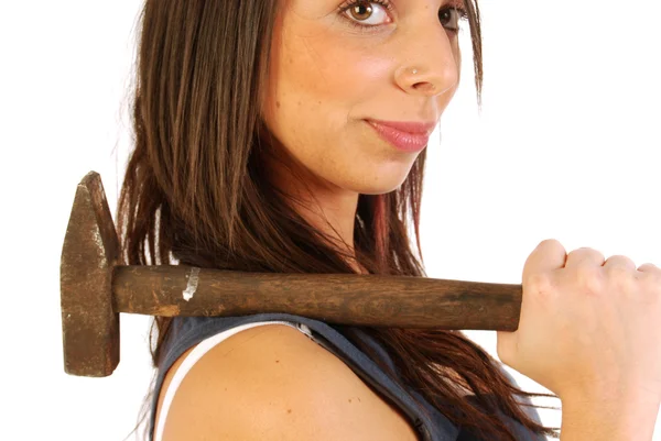 Uma menina cheia de ironia e armada com um martelo 163 — Fotografia de Stock