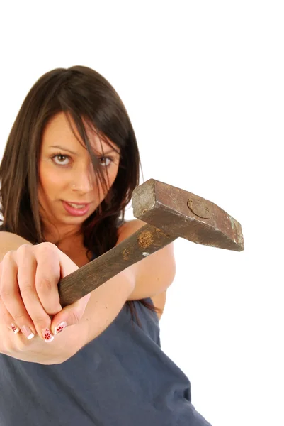 A girl full of irony and armed with a hammer 161 — Stock Photo, Image