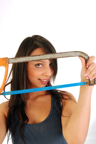 A girl full of irony and armed with saw 177 — Stock Photo, Image