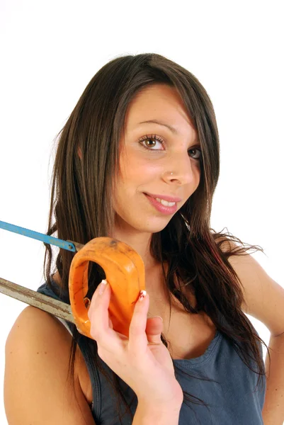 A girl full of irony and armed with saw 174 — Stock Photo, Image