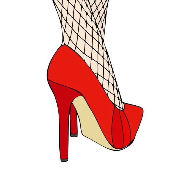 エレガントな赤い靴と網目のストッキングの女性 — ストックベクタ
