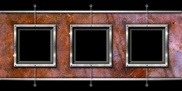 Drei Metallrahmen an einer Grunge-Wand — Stockfoto