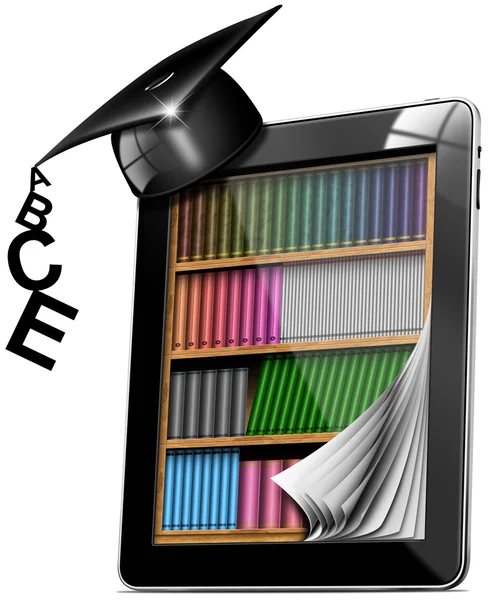 Tablet PC boekenkast afstuderen hoed — Stockfoto