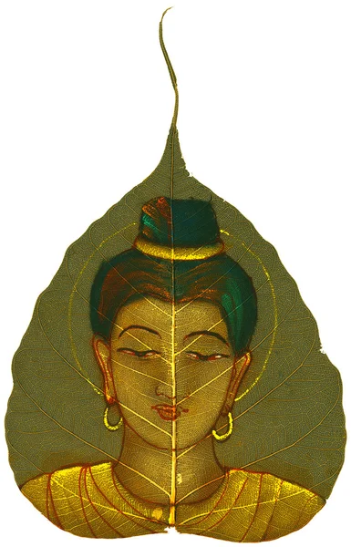 Painting on Peepal Leaf - Young Woman — Stock Photo, Image