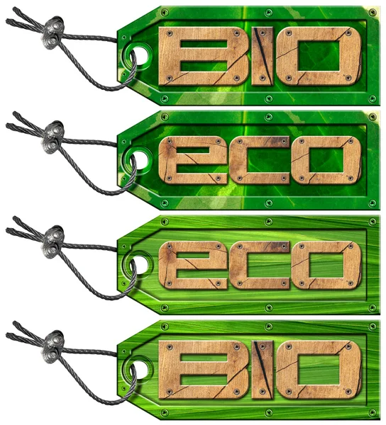 Bio eko zielony Tagi - 4 elementy — Zdjęcie stockowe