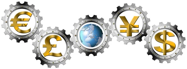 Euro Dollars Pound Yen Industrial Gears — Stock Photo, Image