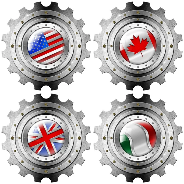 USA Canada UK Italy Gears Metal Flags — Stock Photo, Image