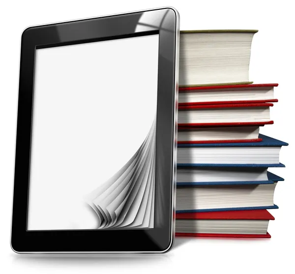 Tablet Ordenador con páginas y libros — Foto de Stock