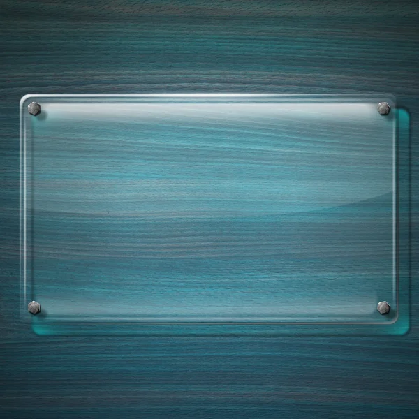 木製の背景色が水色のガラス プレート — ストック写真