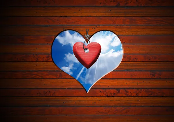 Σχήμα καρδιάς, κομμένα σε καφέ ξύλινα τοίχων — Φωτογραφία Αρχείου