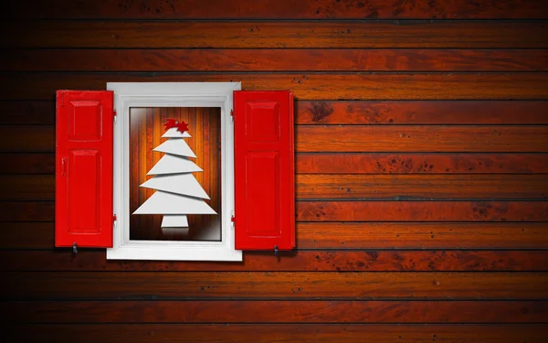 Fenster und Weihnachtsbaum — Stockfoto