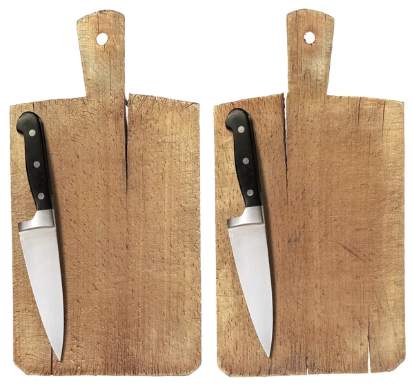 Tablero de corte de madera vieja y cuchillo — Foto de Stock