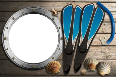 Metal Porthole on Wooden Boardwalk with Sand clipart