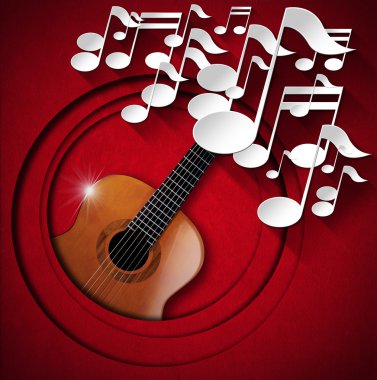 akustik gitar ve Not arka plan - kırmızı kadife