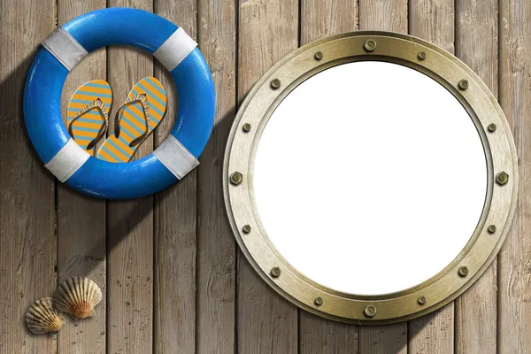 Lifebuoy and Metal Porthole on wooden wall — Stock Photo, Image