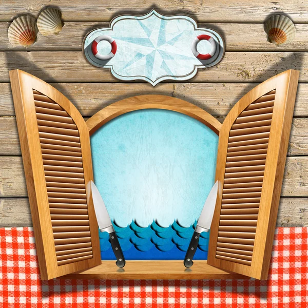 Zeevruchten menu op houten venster — Stockfoto