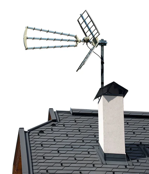 Gros Plan Une Maison Toit Avec Une Antenne Télévision Isolé — Photo