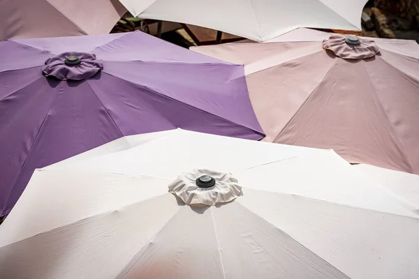 Close Group Colorful Beach Umbrellas View Photography Full Frame Beach — Stock Photo, Image