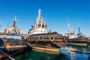 Uluslararası La Spezia Limanı 'ndaki römorkör veya römorkör grupları, pruvadan, La Spezia Körfezi, Liguria, İtalya, Avrupa.