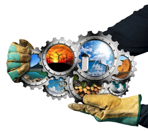 Begreppet Förnybar Energi Handskar Håller Grupp Sju Kugghjul Kugghjul Med — Stockfoto