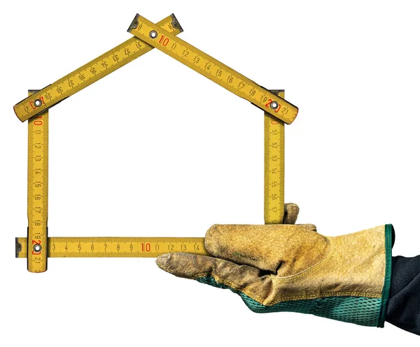Close Hand Work Glove Holding Folding Ruler Shape House Isolated — Stock Photo, Image