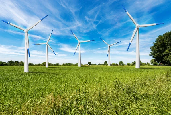 Grupp Vita Och Blå Vindkraftverk Ett Lantligt Landskap Med Ett — Stockfoto