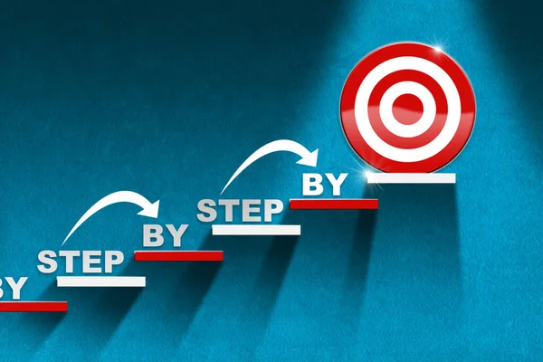 青色の壁に赤と白の階段がある階段の3Dイラストで 最後のステップとテキストのステップ ステップをターゲットにしています 成功のはしご又は目標の概念 — ストック写真