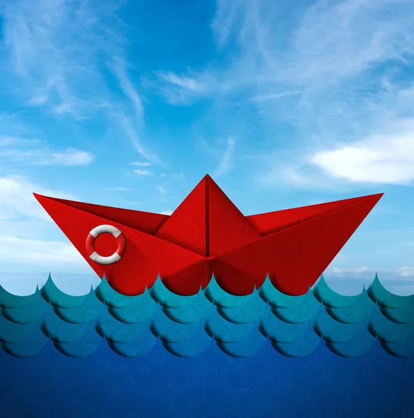 Red Paper Boat White Red Lifebuoy Blue Waves Sea Blue — Stock Photo, Image