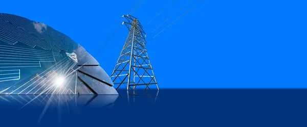 Solar Panel High Voltage Tower Blue Background Copy Space Reflections — Stock Photo, Image