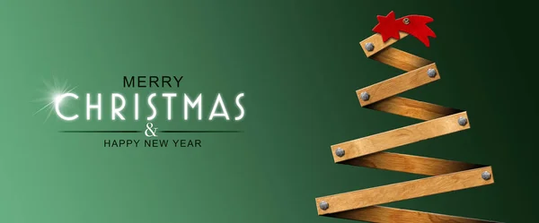 Vánoční Přání Detailním Záběrem Dřevěného Vánočního Stromečku Červenou Kometovou Hvězdou — Stock fotografie
