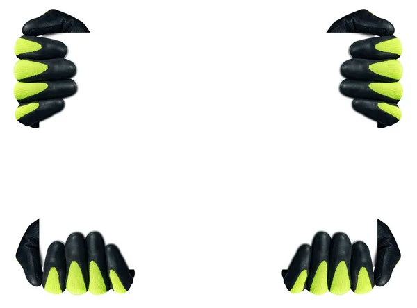 Groep Van Vier Handen Met Groene Zwarte Werkhandschoenen Met Een — Stockfoto