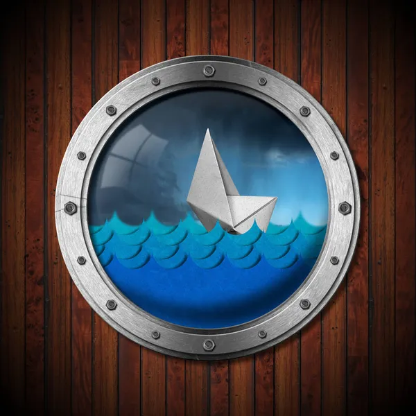 Illustration Photography White Paper Boat Sinking Stormy Sea Seen Porthole — Stock Photo, Image