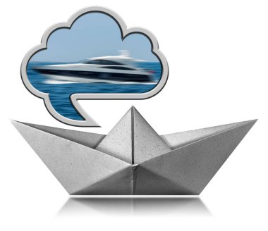 Beyaz kağıt tekne ve içinde lüks bir yat olan bir konuşma balonu, hayaller ya da tutkular konsepti. Beyaz arkaplanda izole.