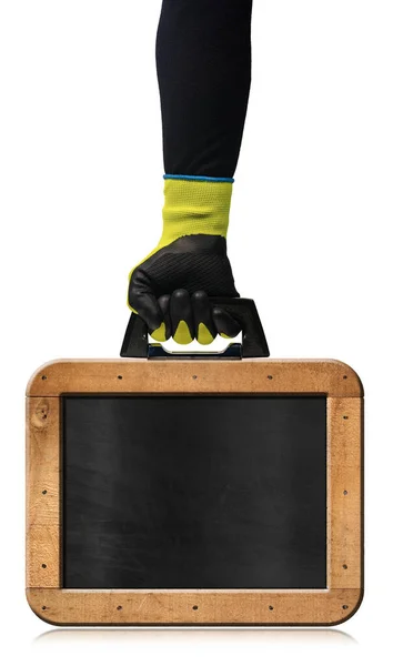 手持防护工作手套的体力劳动者 手持一个木制长方形框架的旧空白黑板 钉子形状为黑色手柄公文包 背景为白色 — 图库照片