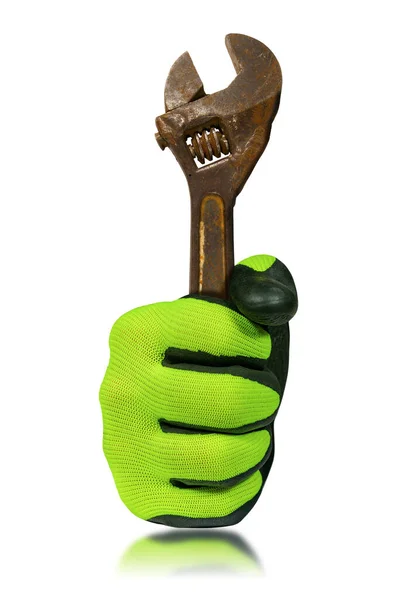 Extreme Close Hand Protective Work Glove Holding Old Rusty Adjustable — Foto Stock