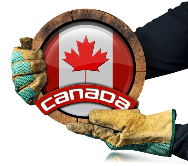 Ręce Rękawicami Ochronnymi Trzymającymi Przekrój Pnia Drzewa Flagą Kanadyjską Tekstem — Zdjęcie stockowe