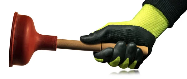 Hand Green Black Protective Work Glove Holding Red Rubber Plunger — Stockfoto